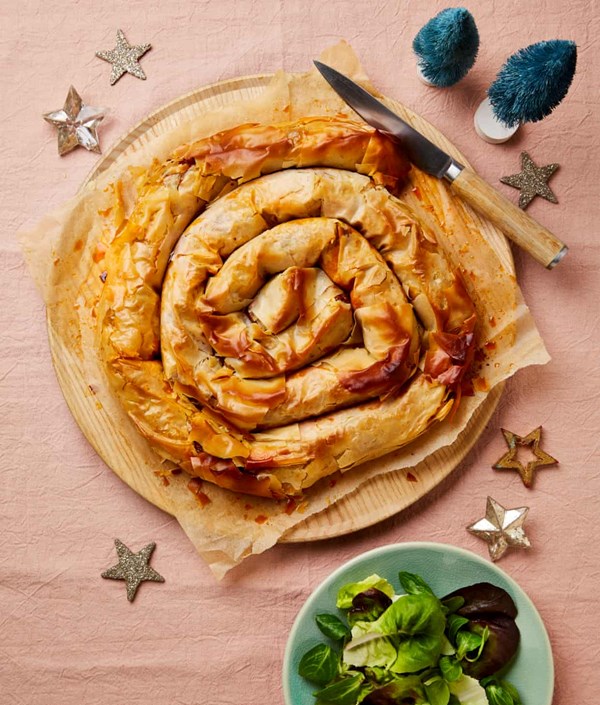 Leftover roast veg and harissa spiral pie