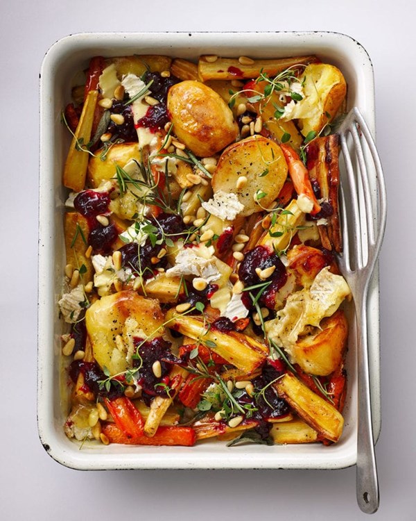 Leftover roast veg, cranberry, and Brie melty tray bake
