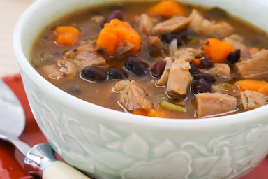 Leftover turkey and sweet potato soup with black beans and lime