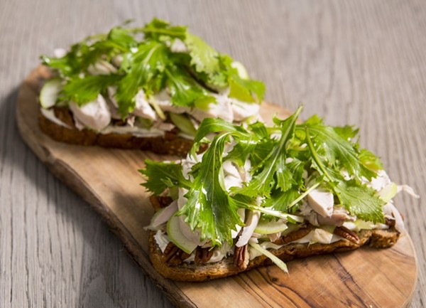 Leftover turkey sandwich with cream cheese and mizuna