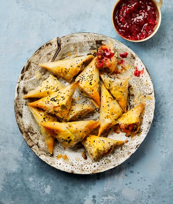 Leftovers samosas with cranberry dipping sauce