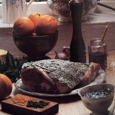 Leg of lamb baked with butter and herbs