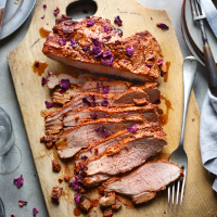 Leg of lamb roasted in yogurt, roses and sweet spices