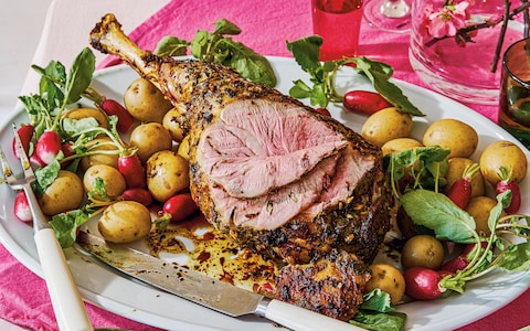 Leg of lamb stuffed with lemon and  many herbs