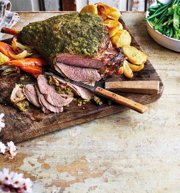 Leg of lamb with a watercress and caper crust