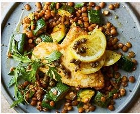 Lemon & caper turkey piccata with courgette and lentils