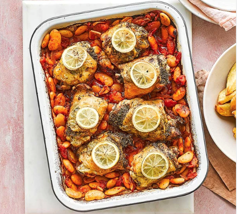 Lemon & herb chicken traybake with butter beans & potato wedges