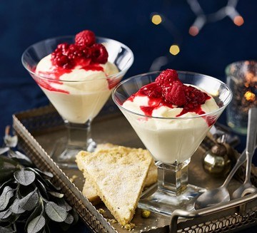 Lemon & raspberry mousse with pistachio & ginger shortbread