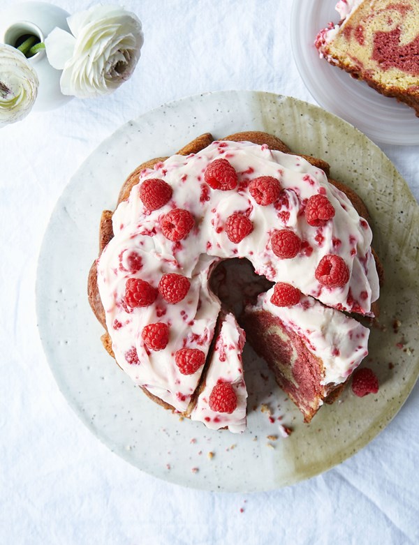 Lemon & raspberry yoghurt bundt with raspberry mascarpone glaze