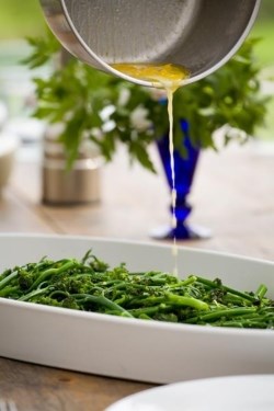 Lemon-and-anchovy-dressed purple sprouting broccoli