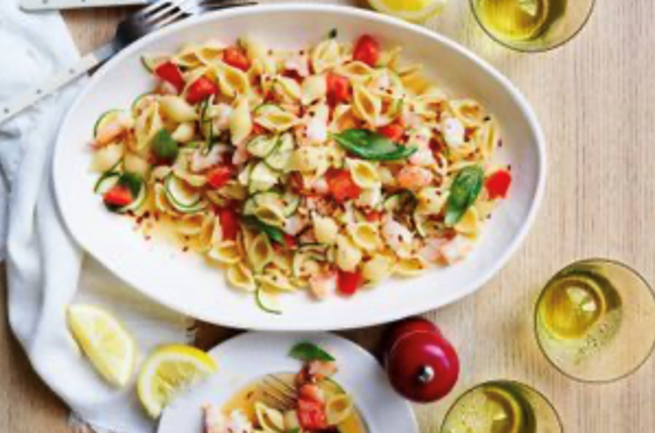 Lemon and chilli prawn pasta with zucchini, basil and tomato [Jake Cassar]