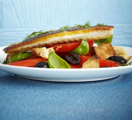 Lemon and dill bream with ciabatta, tomato and olive salad