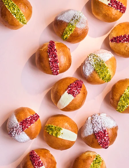 Lemon and elderflower maritozzi with pistachio and raspberry