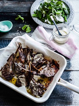 Lemon and fennel lamb ribs with pea and mint salad