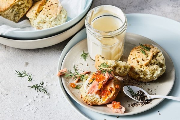 Lemon and fennel scones with hot-smoked trout