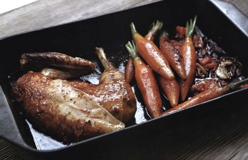 Lemon and garlic roast chicken with sweet-and-sour carrots