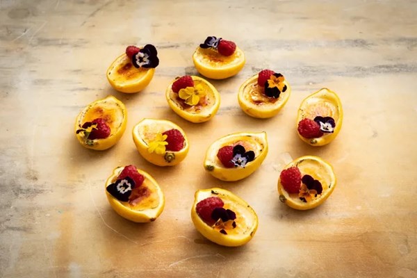 Lemon and green tea brûléed posset