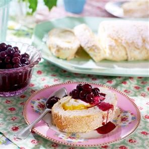 Lemon and lavender meringue roulade with blueberries