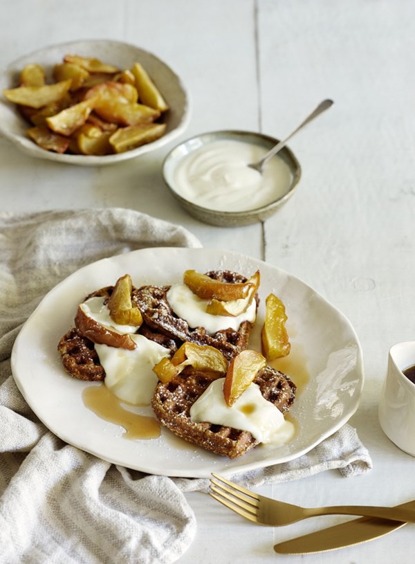 Lemon and multi-seed waffles with roasted apples
