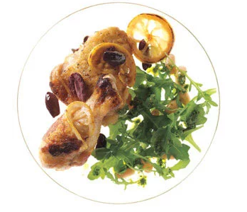 Lemon and olive chicken with arugula and white bean salad