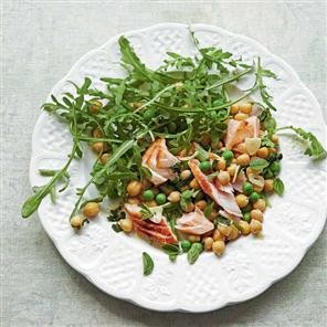Lemon and oregano chickpeas with hot-smoked salmon, peas and rocket