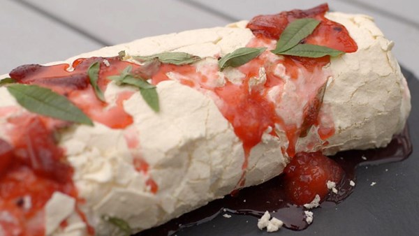 Lemon and plum meringue roulade