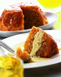 Lemon and ratafia steamed pudding with bay leaf custard