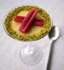 Lemon and rhubarb posset with pistachio crumb