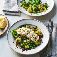 Lemon and tarragon poached haddock with beluga lentils