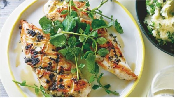 Lemon and thyme chicken with pea and potato mash