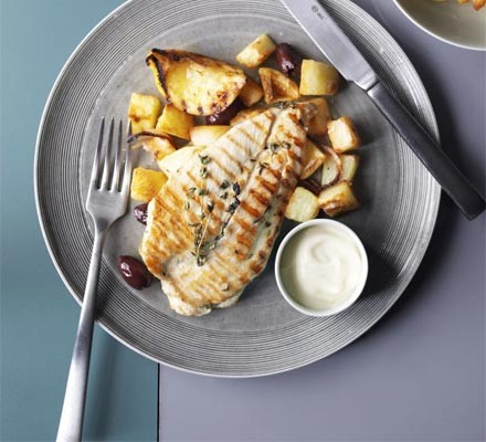 Lemon and thyme chicken with roast potatoes and olives
