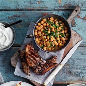 Lemon and thyme marinated lamb cutlets with smoky chickpeas