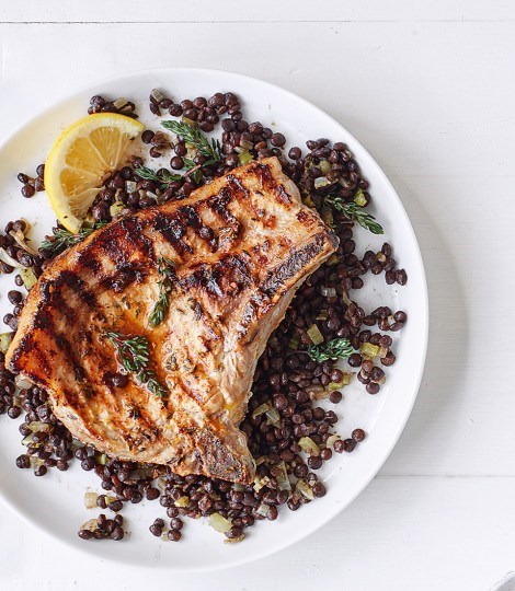 Lemon and thyme pork chops with lentils