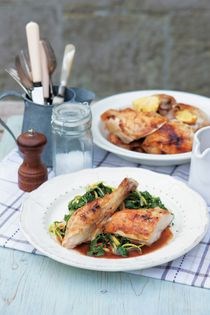 Lemon and thyme roasted chicken with wilted greens