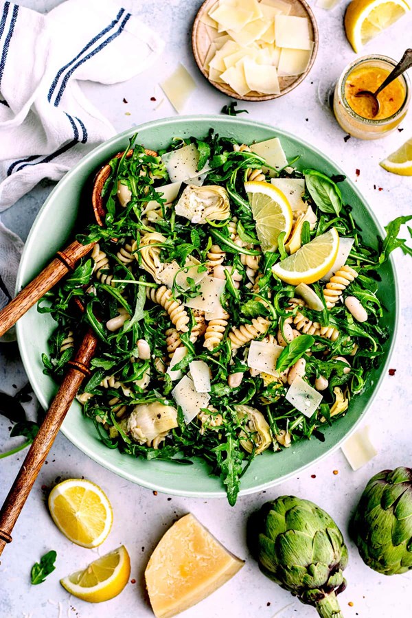 Lemon artichoke arugula pasta salad