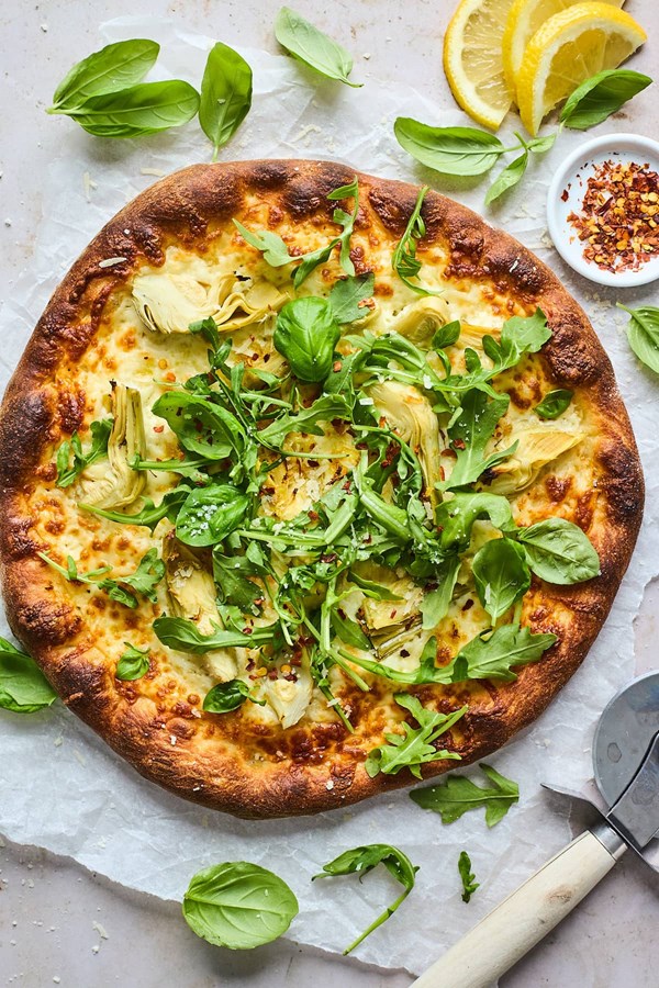 Lemon artichoke arugula pizza