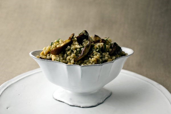 Lemon barley stuffing with shiitakes, hazelnuts, and chive butter