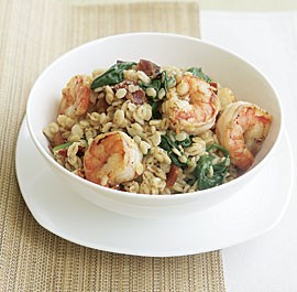 Lemon barley with shrimp, bacon, and spinach