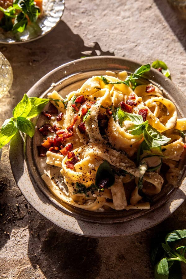 Lemon basil caico e pepe with bacon