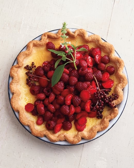 Lemon-basil custard pie with red berries