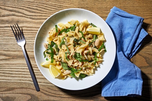 Lemon basil egg noodles with cannellini beans