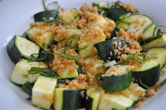 Lemon basil roasted summer squash with garlic crisp