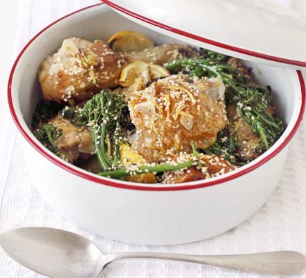 Lemon, broccoli and sesame roast chicken
