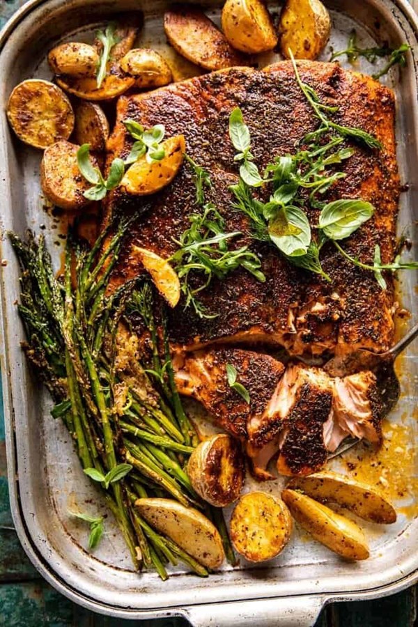Lemon brown butter salmon and potatoes with Parmesan asparagus
