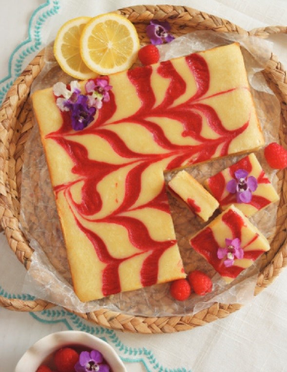 Lemon brownies with raspberry rivers 