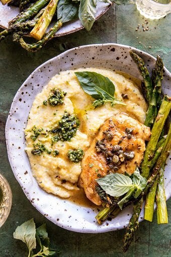 Lemon butter chicken piccata with pesto polenta