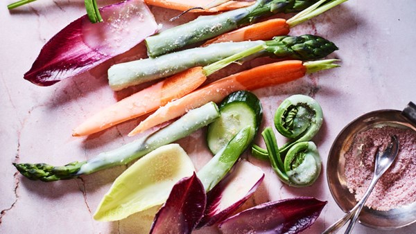 Lemon butter-dipped baby-vegetable crudités