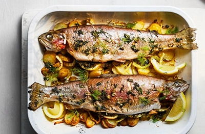 Lemon butter trout with roast potatoes & fennel