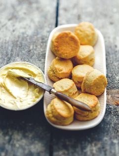 Lemon, buttermilk and demerara sugar scones with crunchy lemon butter