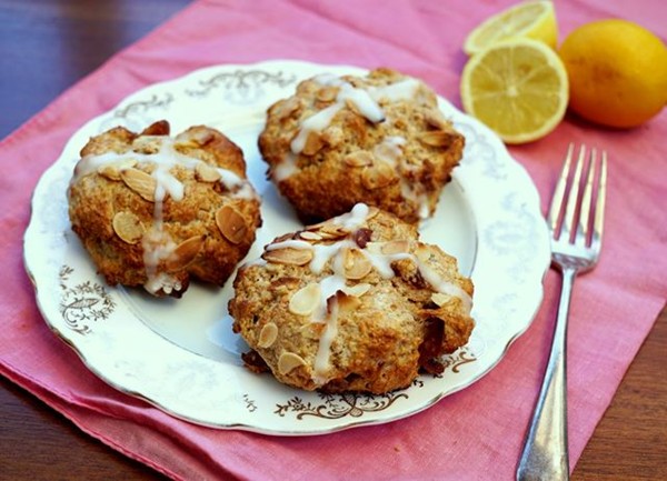 Lemon, cherry and almond hot cross scones